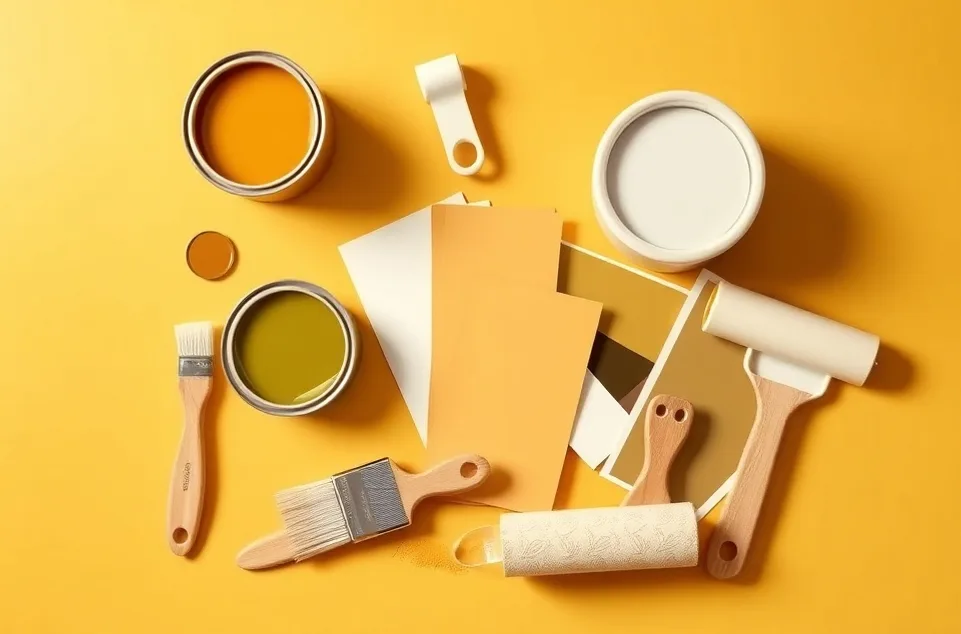 Pots de peinture, nuancier, brosses et rouleaux disposés à plat