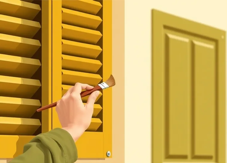 Mise en peinture au pinceau de volets et d'encadrements en bois