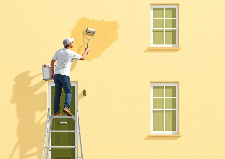 Peintre sur échafaudage traitant la façade d'une maison