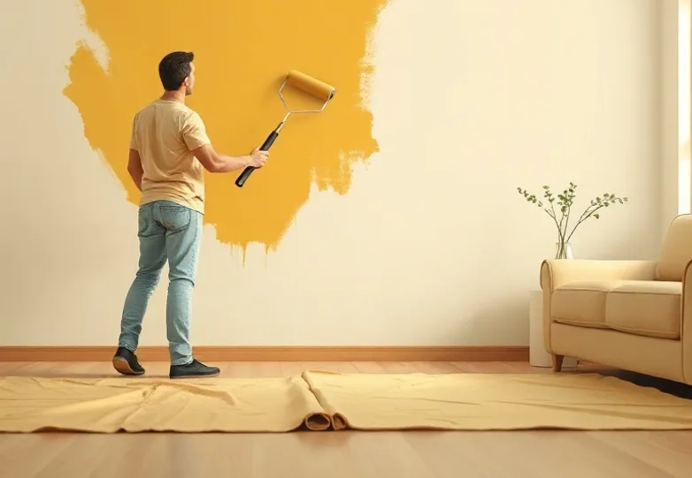 Peintre appliquant la peinture au rouleau sur un mur de salon